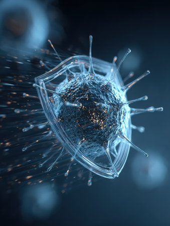 A protective antivirus shield pulsates to repel a phishing bug, showcasing the battle against online threats in a digital realm.の素材