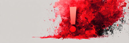 A bold red exclamation mark stands out amid vibrant red and black splashes on a neutral background, conveying urgency.の素材