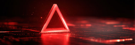 A vibrant 3D red alert triangle is animatedly bouncing off a complex security firewall grid, showing advanced cybersecurity elements and technology.の素材