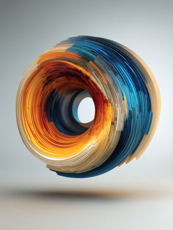 Unique 3D conceptual design illustrates optical instruments forming a stylized eye, showing vibrant layers and an abstract aesthetic in a clean presentation.の素材