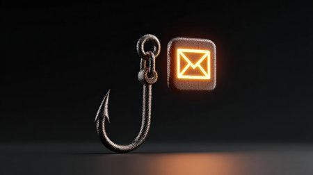 A 3D representation of a fishing hook ensnaring an email icon, illuminated by an alert light on the right side, symbolizing digital communication urgency.の素材