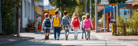 Children walk together on a crosswalk, following safety guidelines for back-to-school season in a friendly neighborhood setting on a sunny morning.の素材