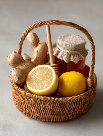 A basket filled with fresh ginger roots, a jar of golden honey, and bright lemons is arranged beautifully, showing natural remedies for wellness.の素材