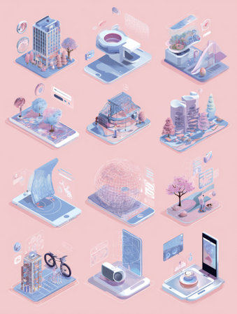 This infographic displays various augmented reality use-cases across different environments and activities with a pastel design.の素材