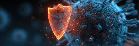 A vibrant antivirus shield pulses energetically, effectively deflecting a menacing phishing bug within the digital landscape of cybersecurity.の素材