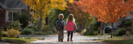 Two children walk down a tree-lined street in autumn, carrying backpacks while following a checklist for safety and awareness on their way to school.の素材