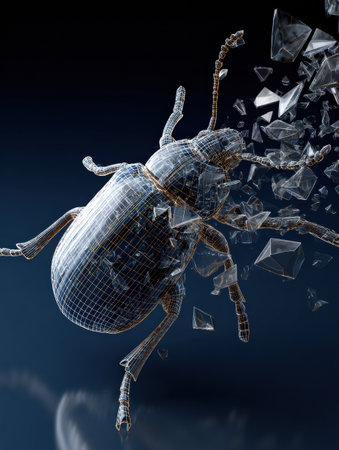 A 3D wireframe representation of a bug symbol is breaking apart into shards, showcasing a detailed structure against a dark backdrop.の素材