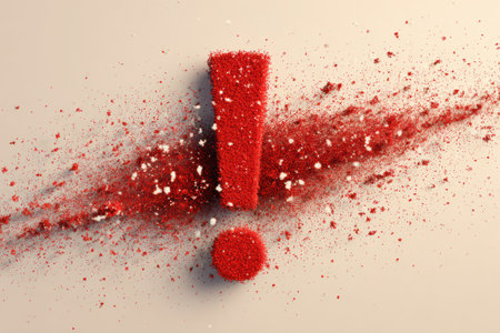 A striking red exclamation mark displayed prominently with scattered particles on a neutral backdrop, evoking a sense of urgency and attention.の素材