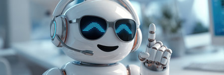 A friendly 3D robot support agent engages with clients in a high-tech bank setting, offering assistance and solutions to financial queries.の素材