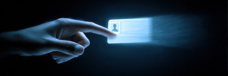 A hand reaches through a digital email interface to extract a glowing ID card, showcasing technology and innovation in a sleek, dark setting.の素材
