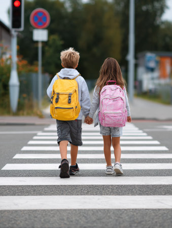 Two children walk hand in hand across a pedestrian crosswalk while holding backpacks, ensuring safety during their journey to school in a quiet neighborhood.の素材