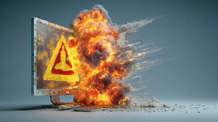 A dramatic explosion bursts from a computer monitor displaying a warning icon, indicating a fake antivirus software threat in a virtual setting.の素材