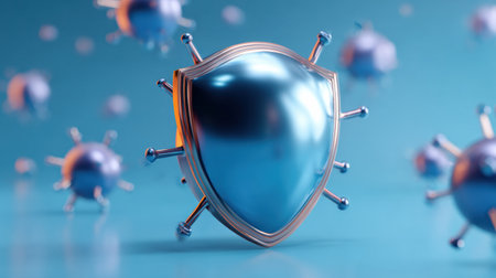 A protective shield pulses to deflect incoming phishing bugs in a vibrant digital landscape, showing cybersecurity in action against threats.の素材