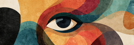 Colorful layered shapes blend together to create the impression of an eye against a neutral background, with the upper half remaining transparent and airy.の素材