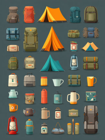 Explore must-have camping essentials through engaging flat icons and tent illustrations ideal for planning your next outdoor adventure.の素材