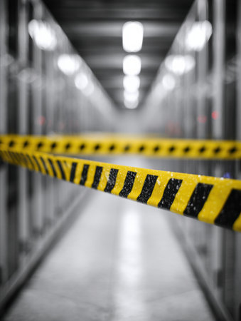 Caution tape is prominently displayed across a corridor, restricting access while blurred system logs are visible in the background under bright lights.の素材
