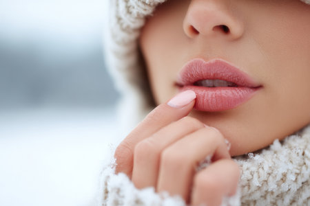 Lips are being moisturized to combat cold weather dryness, showcasing a skincare routine in a minimalistic winter backdrop with soft colors.の素材