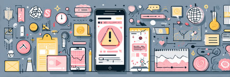 Infographic showing common UX mistakes, highlighted by warning icons, in a soft UI aesthetic filled with digital devices and elements.の素材