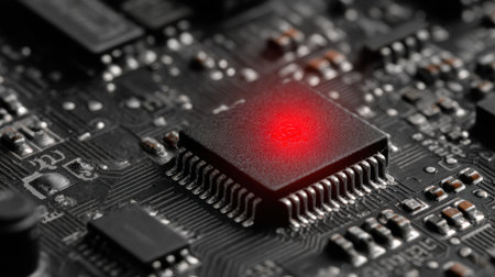 A burnt microchip displays a red blinking light and a warning mark, indicating serious issues in electronic circuitry, revealing a potential failure.の素材