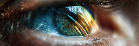 A close-up reveals a vibrant eye through a kaleidoscope lens, creating a captivating mix of colors and textures.の素材
