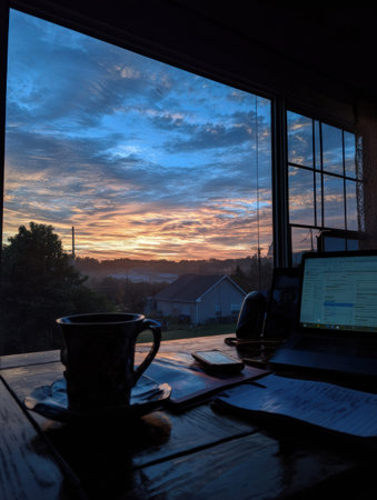 Early morning light breaks through the clouds, casting a warm glow on a workspace with a laptop and coffee cup, signaling a fresh start to the day.の素材