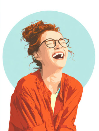 A vibrant infographic highlights the benefits of laughter in reducing stress, featuring a smiling woman enjoying a moment of joy against a soothing background.の素材