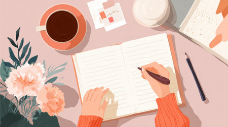 Engage with diverse journaling prompts designed to enhance clarity, showcased in a warm, inviting workspace with coffee and natural elements.の素材