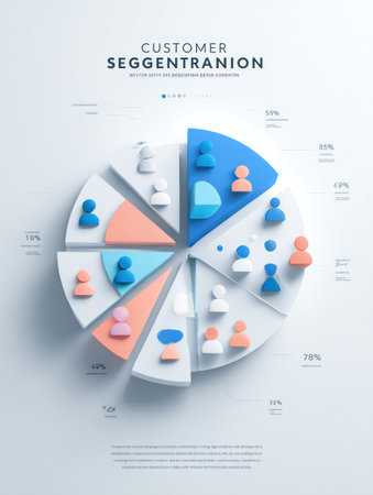 Customer segmentation infographic features pie charts and icons representing demographic data, designed for clear analysis of target audiences in marketing.の素材