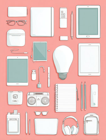 Guide for students on crucial tech items for the upcoming school year, featuring tablets, notebooks, headphones, and other essential gadgets for success.の素材