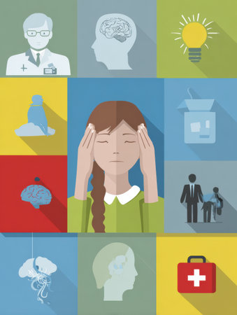 This infographic highlights key mental health first aid concepts, strategies, support systems, and the importance of emotional well-being.の素材