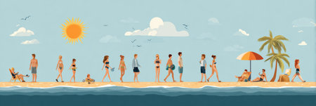 Infographic highlights the advantages of using sunscreen daily while showcasing beachgoers engaging in various sun-related activities on a sunny day.の素材