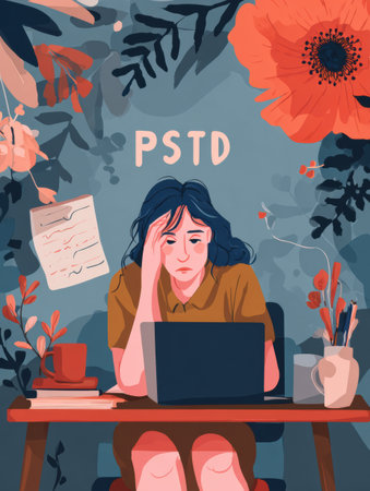 Infographic highlights the need for workplace accommodations for employees with PTSD, focusing on emotional and mental well-being.の素材