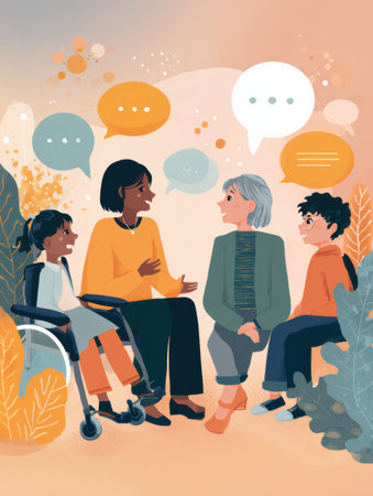Visual representation highlights the importance of inclusive language in therapy outreach materials, featuring diverse individuals engaged in conversation.の素材