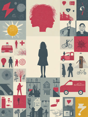 The infographic explores common trauma experiences among immigrant populations, highlighting psychological and social issues in a visual format.の素材