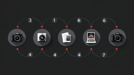 This infographic outlines the essential steps to become a professional photographer, emphasizing the tools, techniques, and practices needed for success.の素材