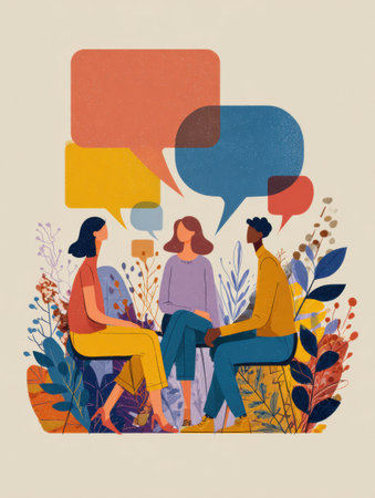 Engaging visual highlights diverse individuals discussing inclusive language strategies to improve therapy outreach materials in supportive settings.の素材