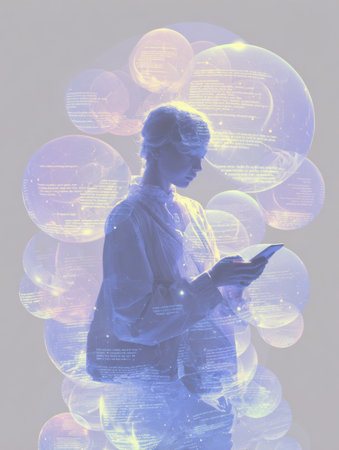 A person engages with their phone, enveloped in a calm, glowing bubble filled with supportive messages. The atmosphere is peaceful and introspective.の素材