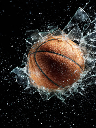 An action shot captures a basketball breaking through glass with powerful force, displaying a dramatic slow-motion effect and a clear top right section.の素材