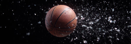 A basketball shatters glass in slow motion, highlighting the games power and excitement as shards fly dramatically.の素材