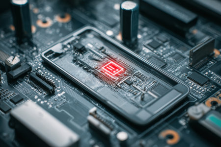 Busted touchscreen reveals a system failure symbol on an otherwise clean circuit board, highlighting electronic malfunction in a modern device.の素材