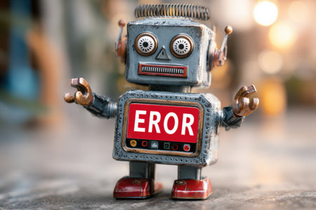 A cartoon-styled robot stands confused with an ERROR sign, its top zone open, showcasing a whimsical design that adds humor to a lighthearted setting.の素材