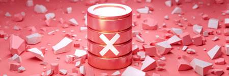 A broken database icon with an error symbol stands amid scattered fragments on a pink surface, creating a visual representation of database failure.の素材