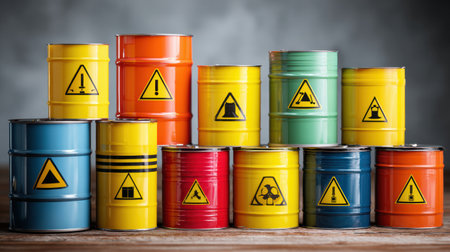 Illustrates various colored containers labeled with safety symbols to highlight proper storage and labeling practices for hazardous chemicals.の素材