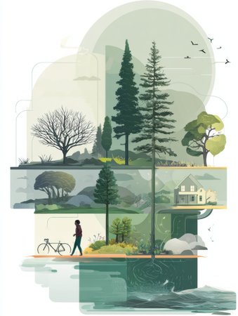 Explore how natural environments enhance mental wellbeing through an engaging infographic showcasing diverse scenes, activities, and landscapes.の素材