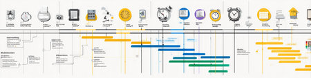 Infographic outlines phases of project management including initiation, planning, execution, monitoring, and closing, complete with a timeline and icons.の素材