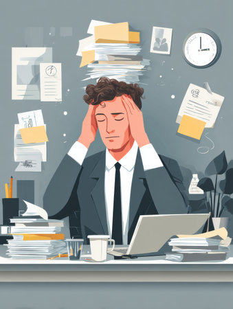 Explore various stress management strategies specifically designed for men coping with pressure in hectic office settings during busy workdays.の素材