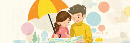 A couple enjoys planning indoor activities on a rainy day while looking at a map under an umbrella, creating a cozy atmosphere for entertainment.の素材