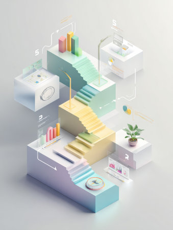 Visual representation highlights five steps toward business success, featuring engaging icons, process arrows, and ample empty space on a pastel background.の素材