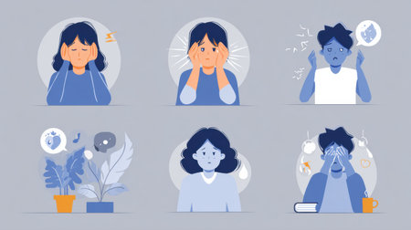Soft visuals depict common PTSD symptoms alongside emotional support icons to help raise awareness and offer guidance for those experiencing these challenges.の素材
