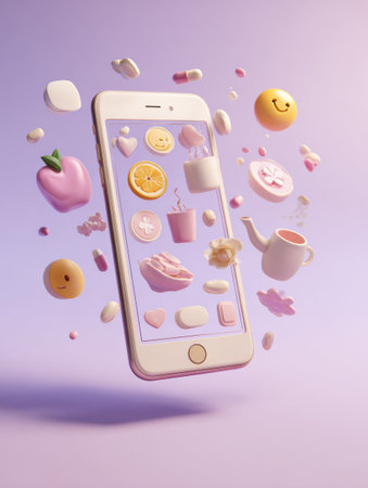 A phone screen melts into a collection of wellness icons, such as fruits, herbs, and happy faces, signifying a trend towards health and relaxation.の素材